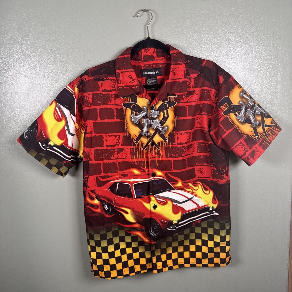 Vintage Y2K‎ No Boundaries Shirt Youth XL 16/18 Button Up Flames Hot Rod Car